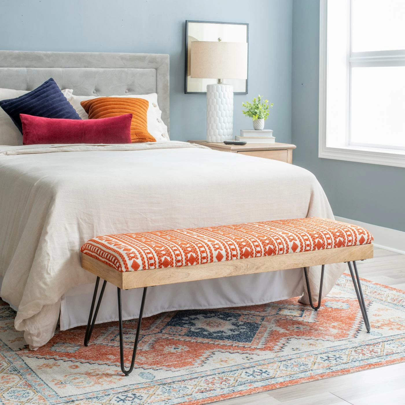 Buy 🎁 Bedroom Benches Powell Brooke Bench - Black Hairpin Legs With Terra Cotta And Natural Stripe Fabric ✨ 6 Buy 🎁 Bedroom Benches Powell Brooke Bench - Black Hairpin Legs With Terra Cotta And Natural Stripe Fabric ✨ - Image 4