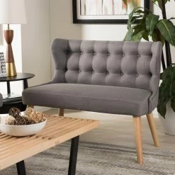 New 😍 Settee Benches Baxton Studio Melody Mid-Century Modern Grey Fabric And Natural Wood 2 Seat Settee Bench 🔔 -Indoor Benches Shop detail5WSI3301