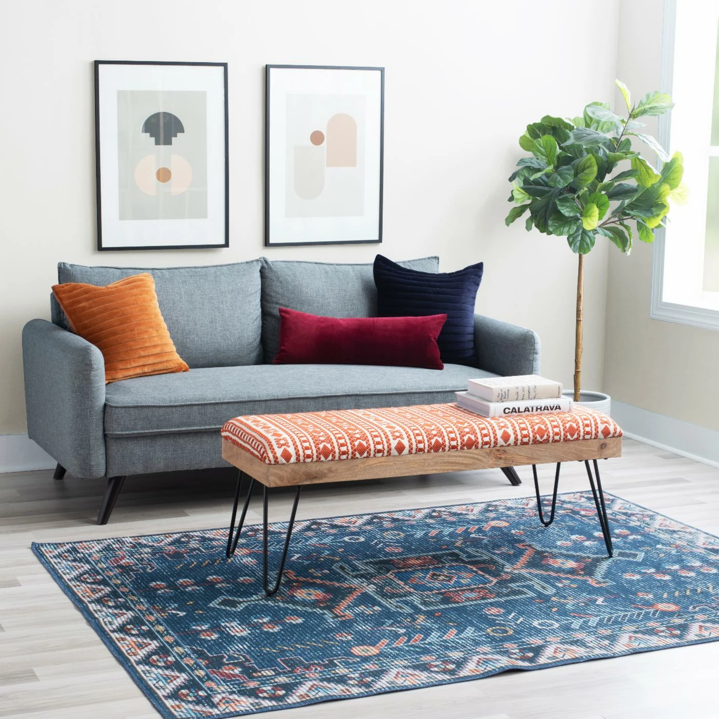 Buy 🎁 Bedroom Benches Powell Brooke Bench - Black Hairpin Legs With Terra Cotta And Natural Stripe Fabric ✨ 5 Buy 🎁 Bedroom Benches Powell Brooke Bench - Black Hairpin Legs With Terra Cotta And Natural Stripe Fabric ✨ - Image 3