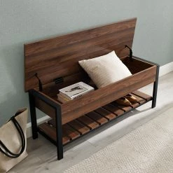 Cheapest 🛒 Entryway Benches Manor Park Modern Farmhouse Dark Walnut Storage Bench With 👟 Shoe Shelf 🥰 -Indoor Benches Shop detailWAL841