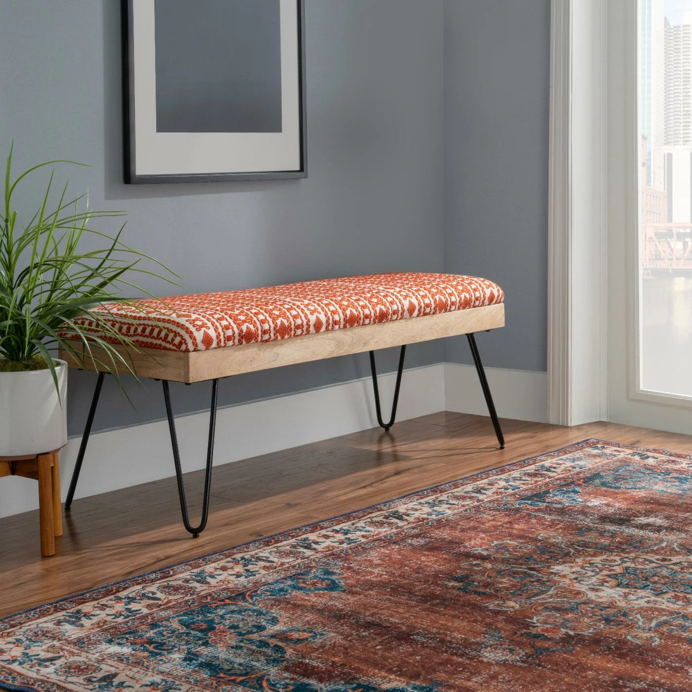Buy 🎁 Bedroom Benches Powell Brooke Bench - Black Hairpin Legs With Terra Cotta And Natural Stripe Fabric ✨ 4 Buy 🎁 Bedroom Benches Powell Brooke Bench - Black Hairpin Legs With Terra Cotta And Natural Stripe Fabric ✨ - Image 2